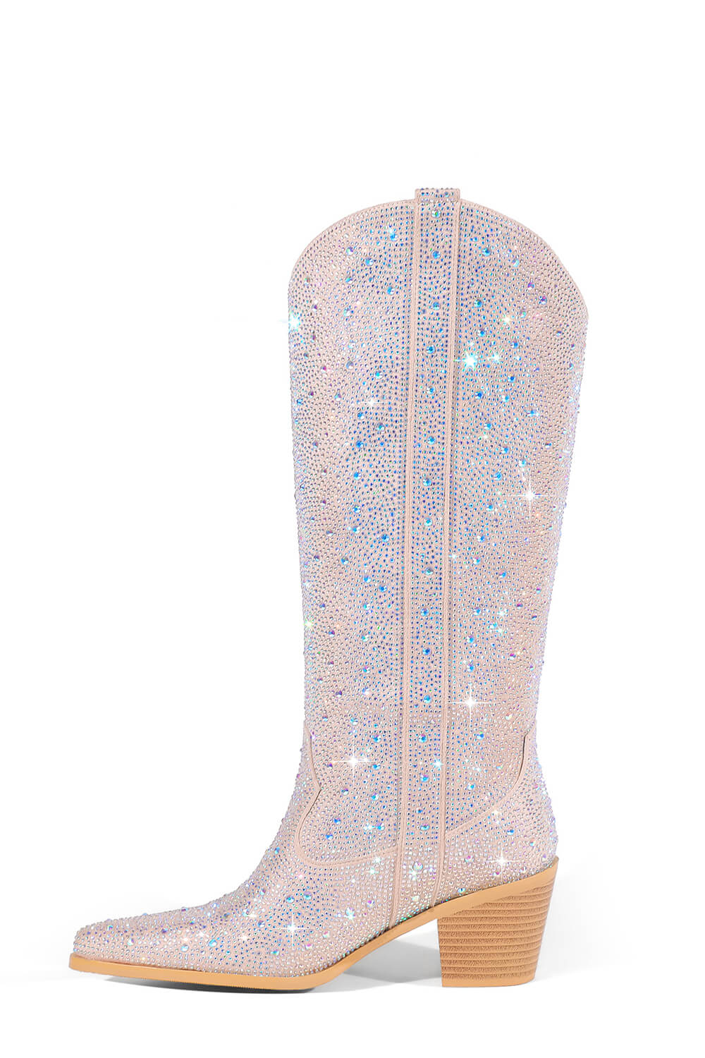 Rhinestones Embellished Western Cowboy Mid-Calf Pointed Toe Block Heeled Boots - Nude