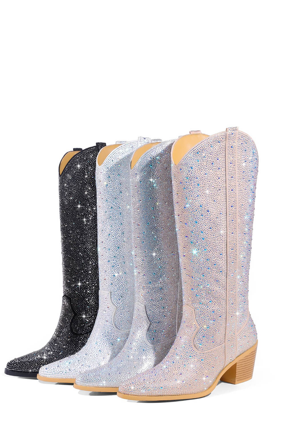 Rhinestones Embellished Western Cowboy Mid-Calf Pointed Toe Block Heeled Boots - Nude