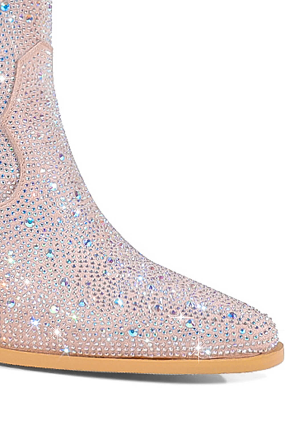 Rhinestones Embellished Western Cowboy Mid-Calf Pointed Toe Block Heeled Boots - Nude