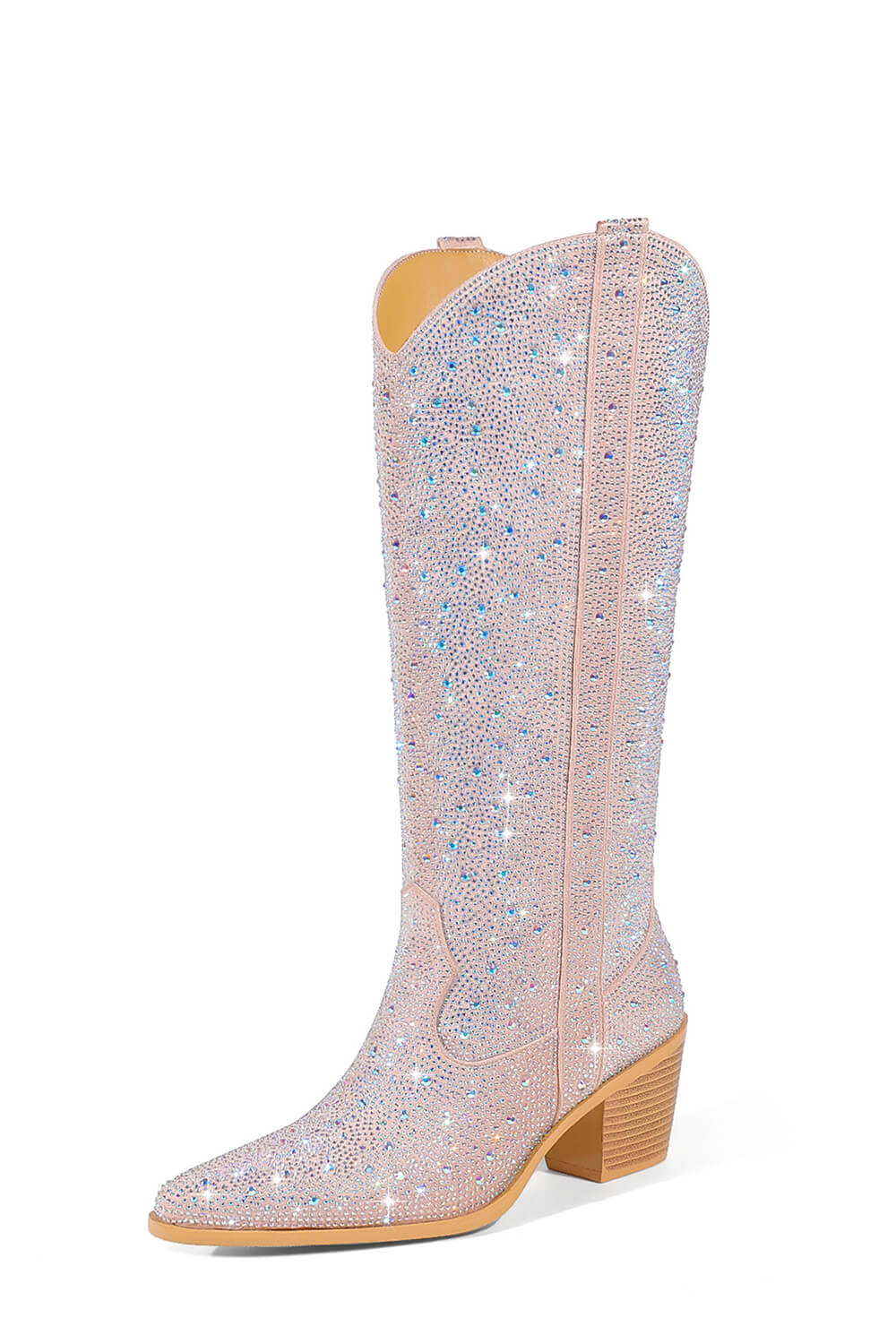 Rhinestones Embellished Western Cowboy Mid-Calf Pointed Toe Block Heeled Boots - Nude