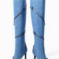 Blue Denim Strap Pointed Toe Stiletto Knee High Boots