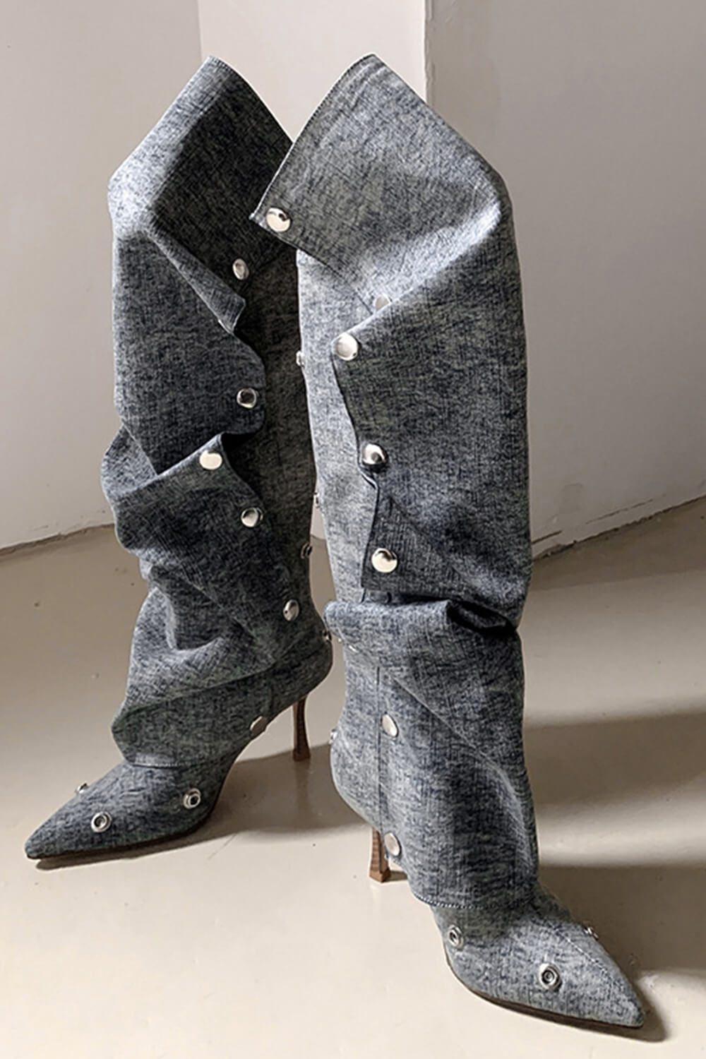 Denim Ruffled Popper Detail Knee High Stiletto Boots - Light Blue