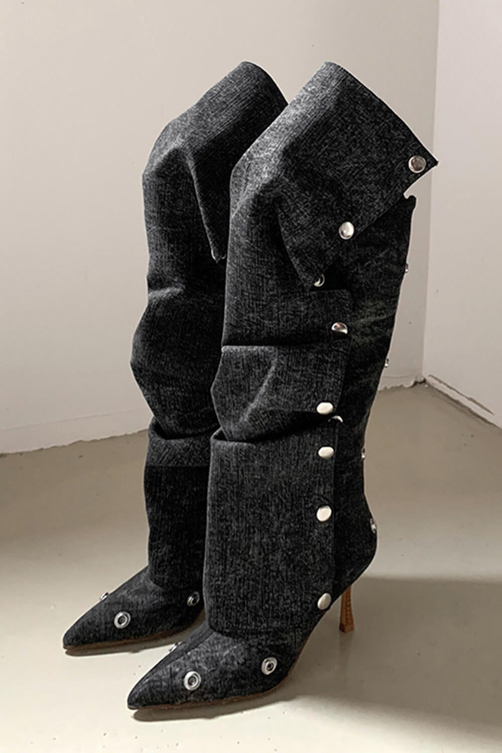 Denim Ruffled Popper Detail Knee High Stiletto Boots - Black