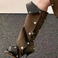 Denim Ruffled Popper Detail Knee High Stiletto Boots - Brown