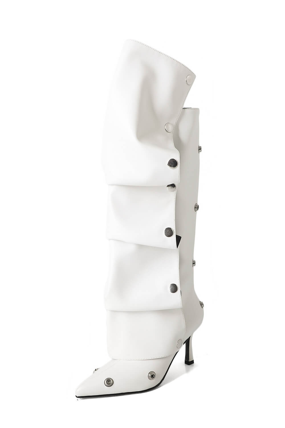 Denim Ruffled Popper Detail Knee High Stiletto Boots - White