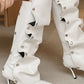 Denim Ruffled Popper Detail Knee High Stiletto Boots - White