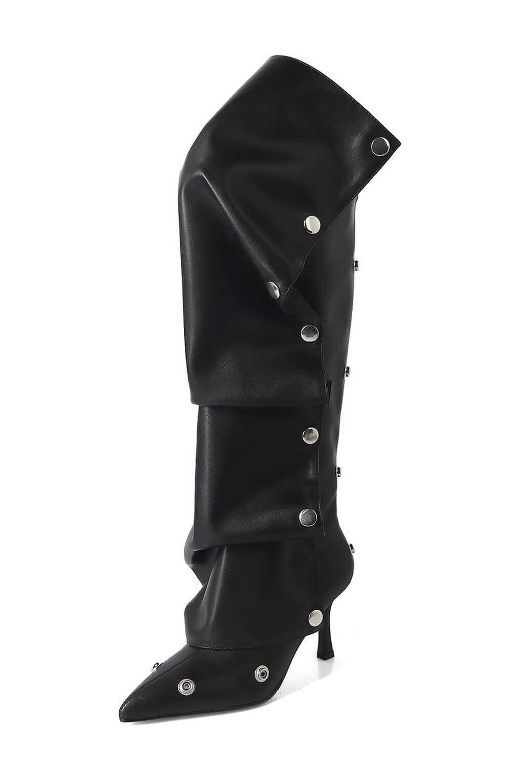 Denim Ruffled Popper Detail Knee High Stiletto Boots - Black