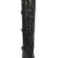 Belt-Buckle Folded Pointed Toe Thigh High Block Heeled Boots- Black