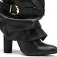 Belt-Buckle Folded Pointed Toe Thigh High Block Heeled Boots- Black