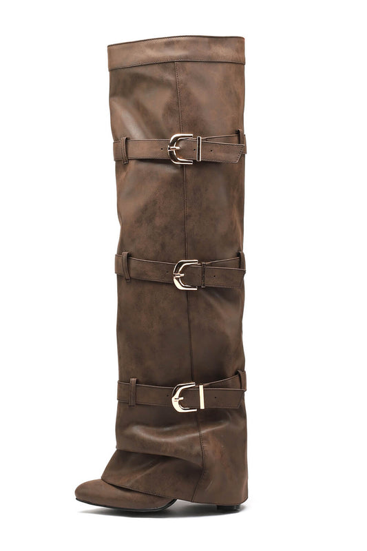 Belt-Buckle Folded Pointed Toe Thigh High Block Heeled Boots- Tan