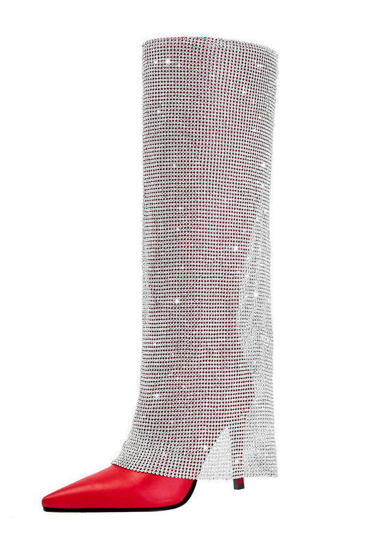 Rhinestone Mesh Overlay Pointed Toe Knee High Stiletto Boots - Red