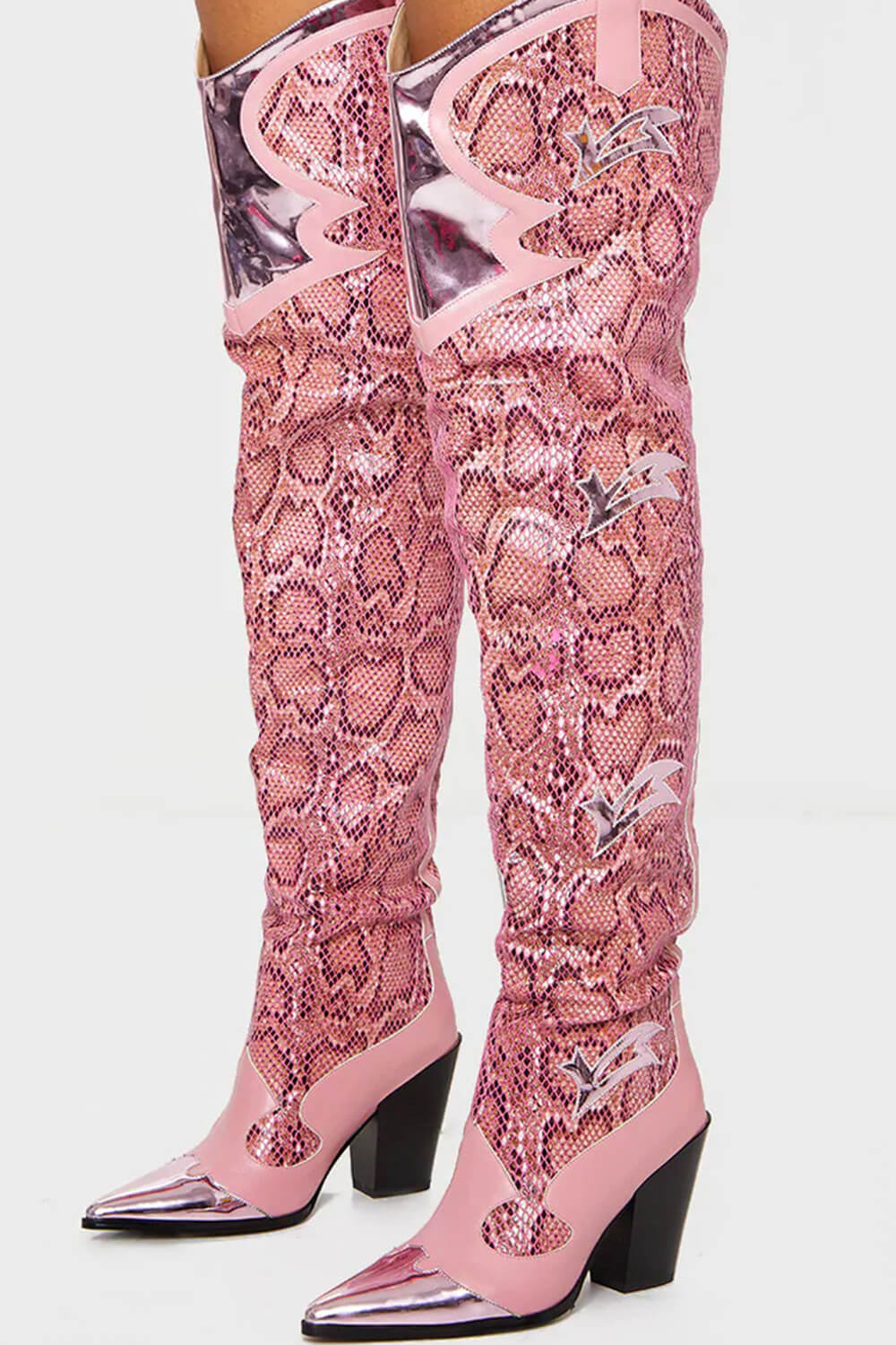 Pink Metallic And Snake Thigh High Western Block Heeled Boots