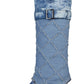 Distressed Denim Fold Over Western Knee High Boots With Buckled Belt Detailing