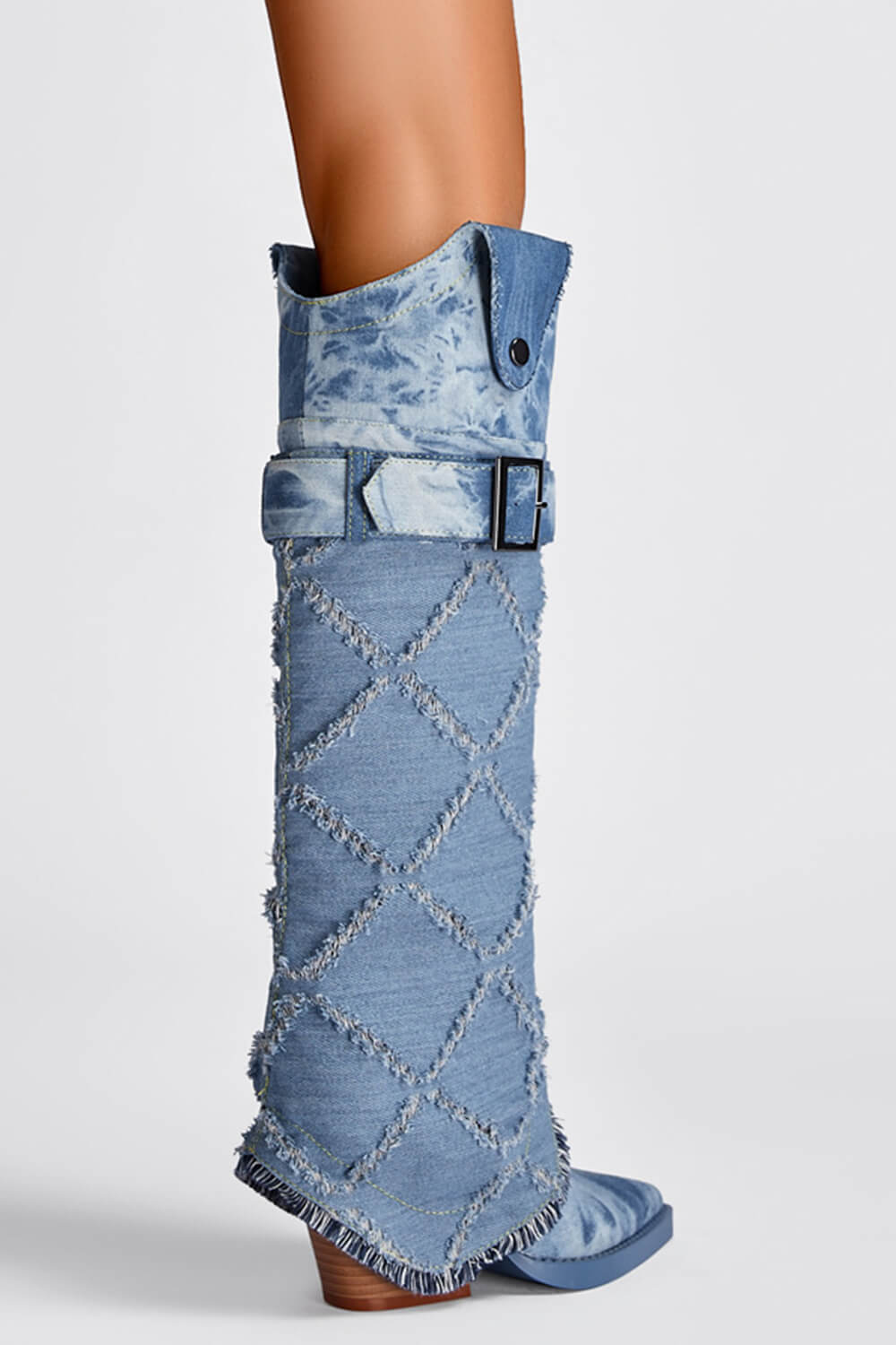 Distressed Denim Fold Over Western Knee High Boots With Buckled Belt Detailing