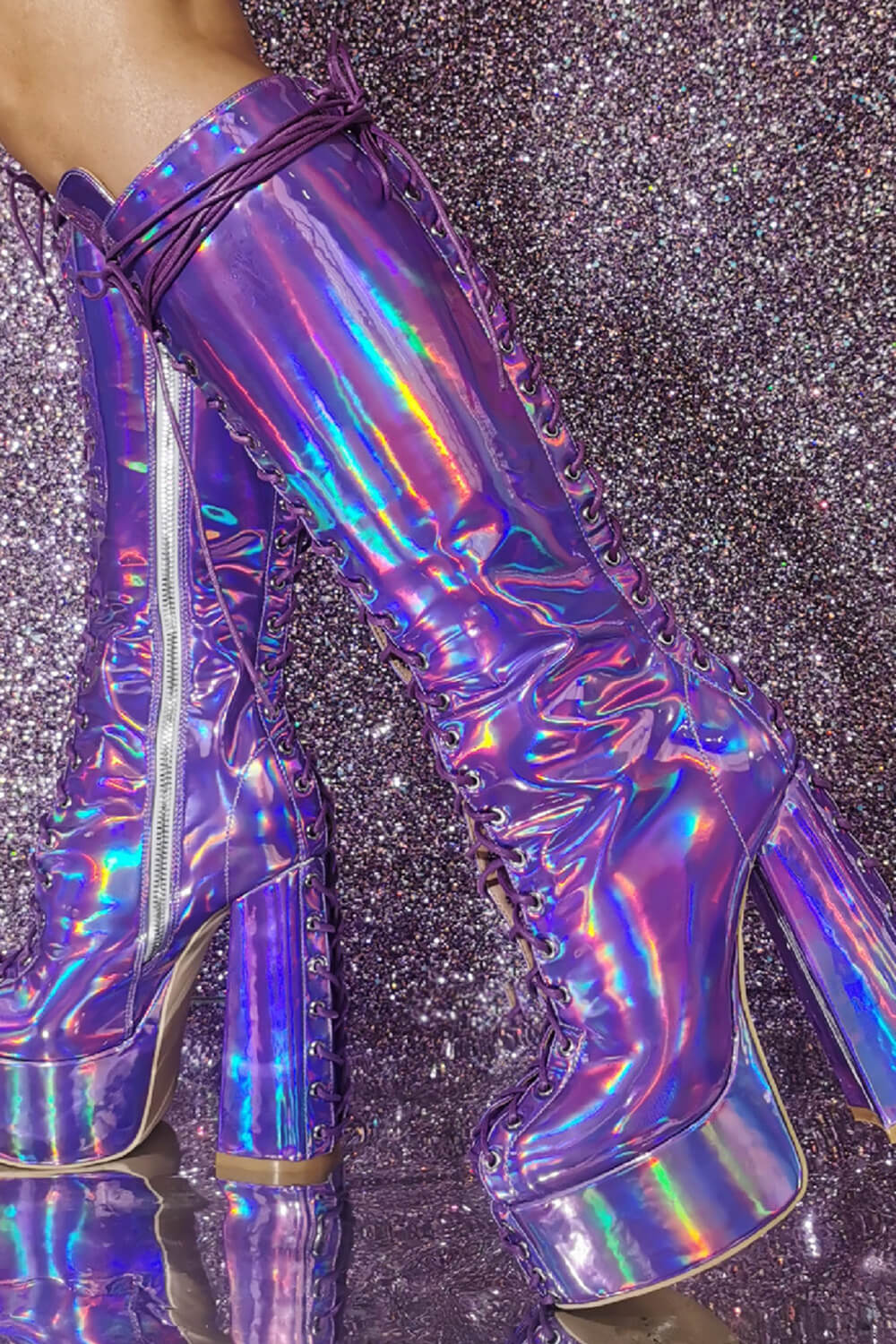 Lace Up Holographic Mid-Calf Chunky Platform Boots