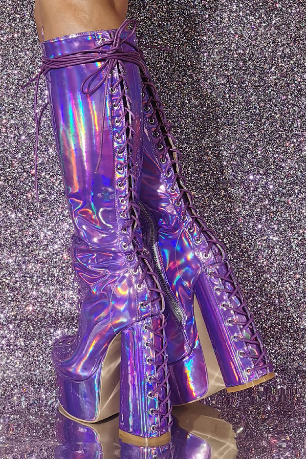 Lace Up Holographic Mid-Calf Chunky Platform Boots