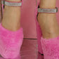 Fuzzy Faux Fur Platform Mary Janes Pumps With Rhinestone Straps Details - Hot Pink