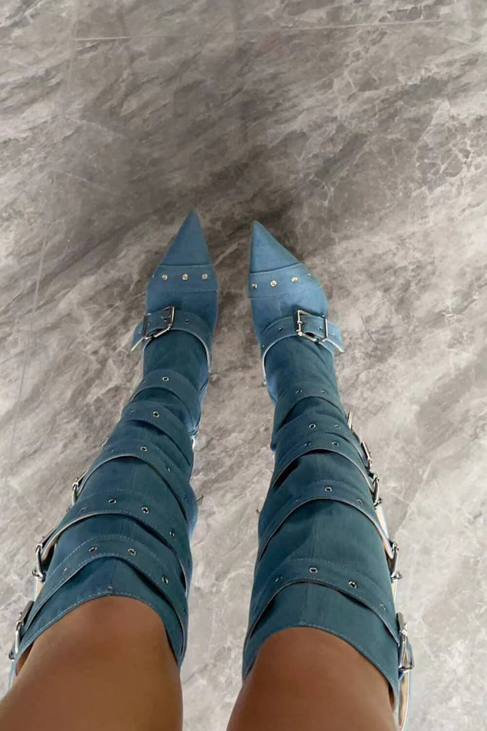 Blue Denim Strappy Buckle Pointed Toe Knee High Stiletto Boots
