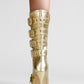 Gold Strappy Buckle Pointed Toe Mid-Calf Stiletto Boots