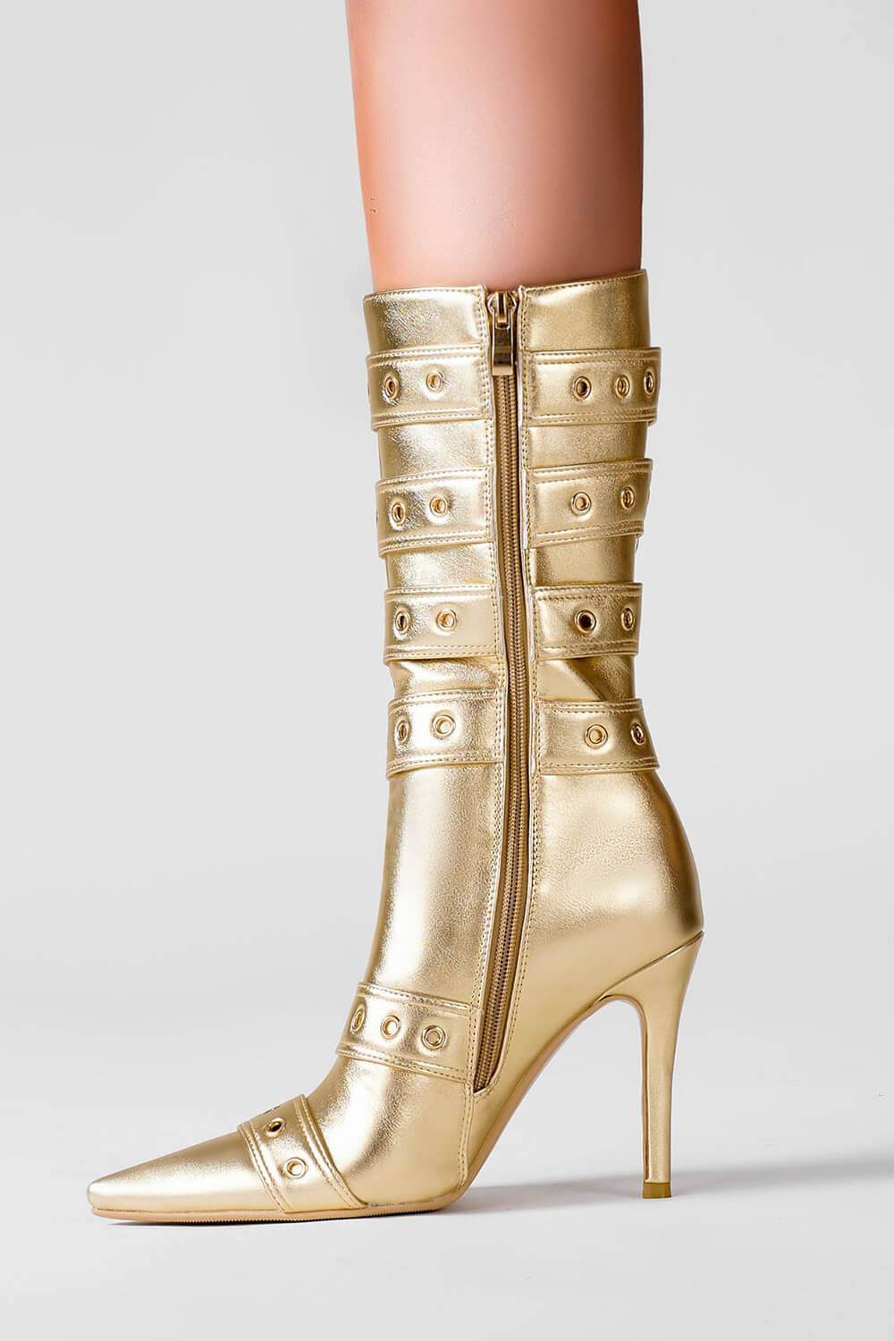 Gold Strappy Buckle Pointed Toe Mid-Calf Stiletto Boots