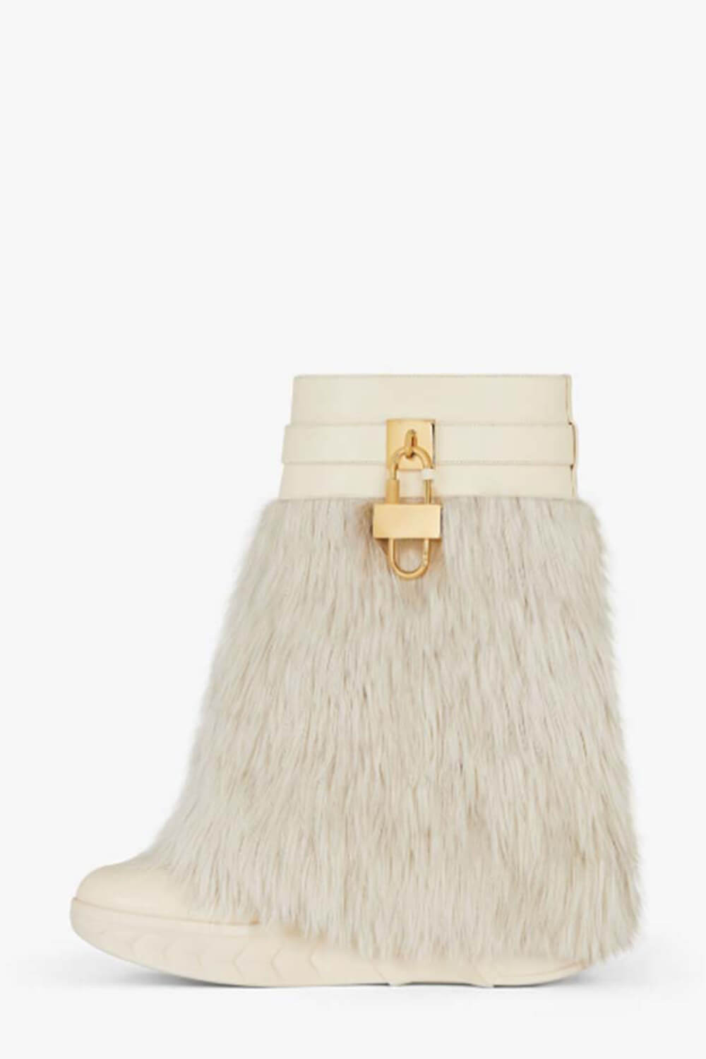 Faux Fur Padlock Detail Folded Chunky Sole Biker Ankle Boots - White