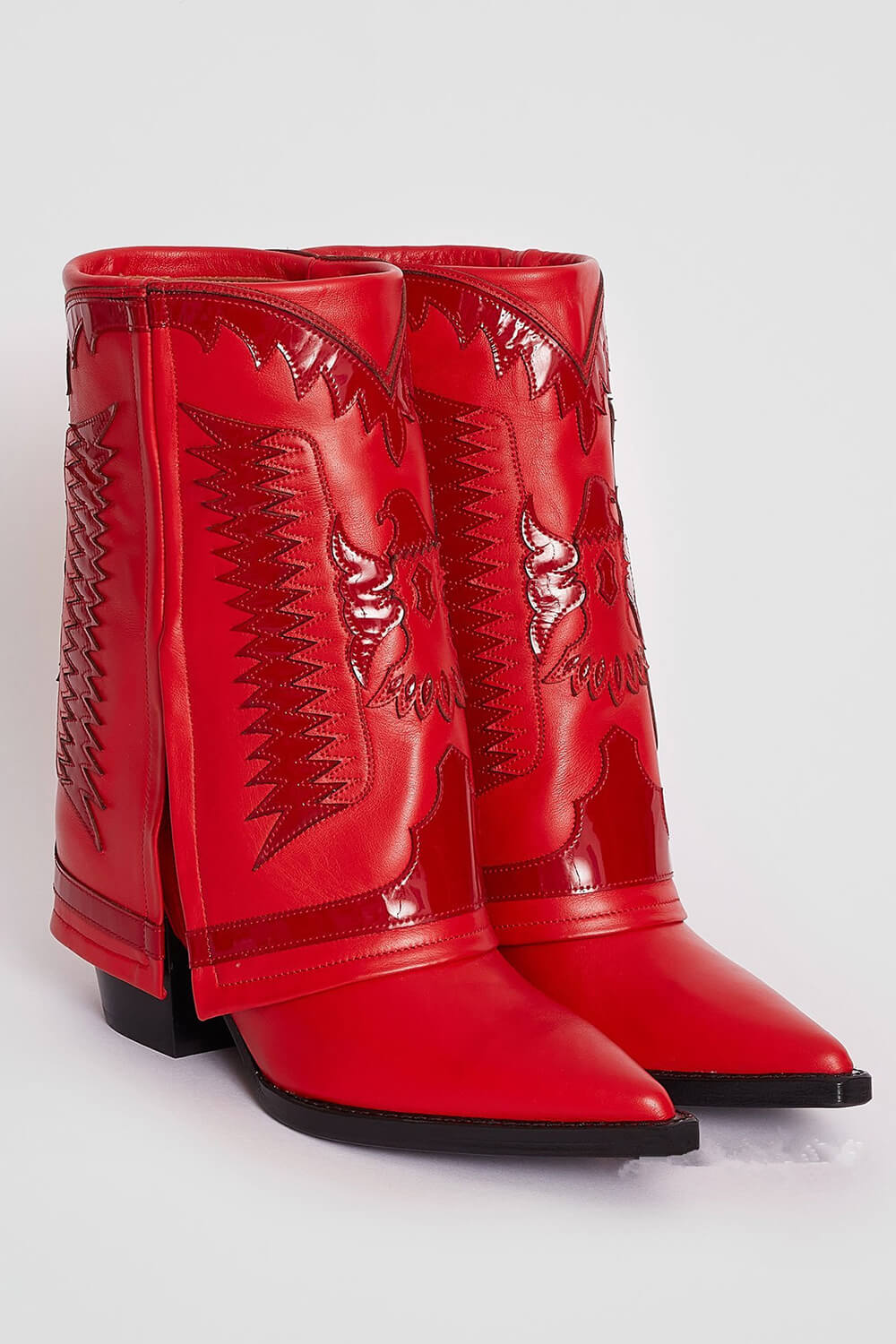 Western Cowboy Fold Over Pointed Toe Block Heel Ankle Boots - Red