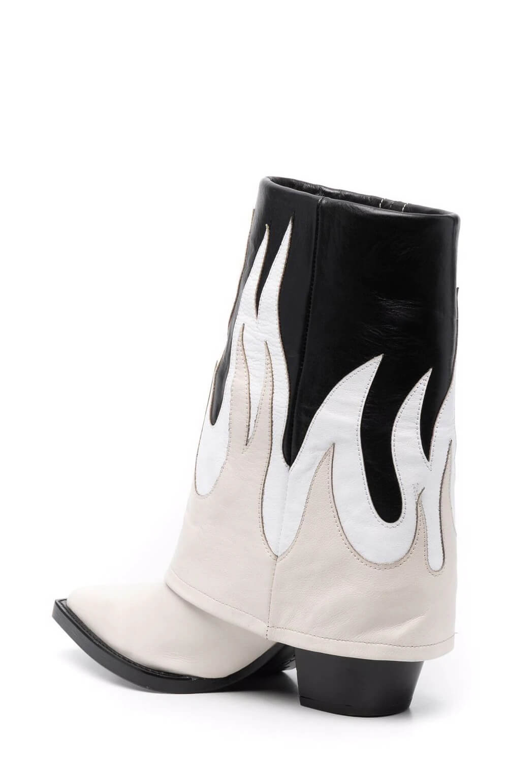 Fire Western Cowboy Fold Over Pointed Toe Block Heel Ankle Boots - Cream