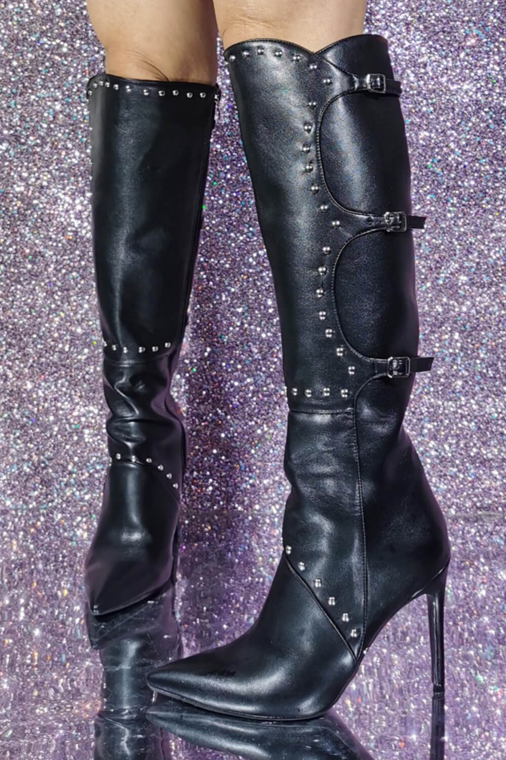 Studded Buckle Detail Pointed Knee High Stiletto Heeled Boots
