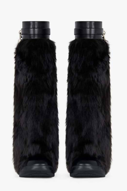 Faux Fur Padlock Detail Folded Chunky Sole Biker Knee High Boots - Black