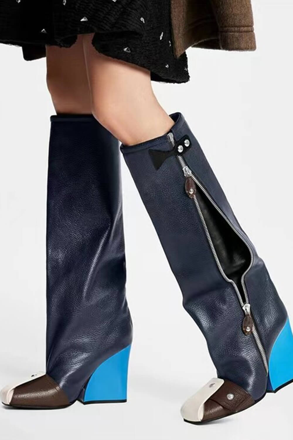 Buckle Detail Square Toe Blue Wedge Heel Knee High Long Boots
