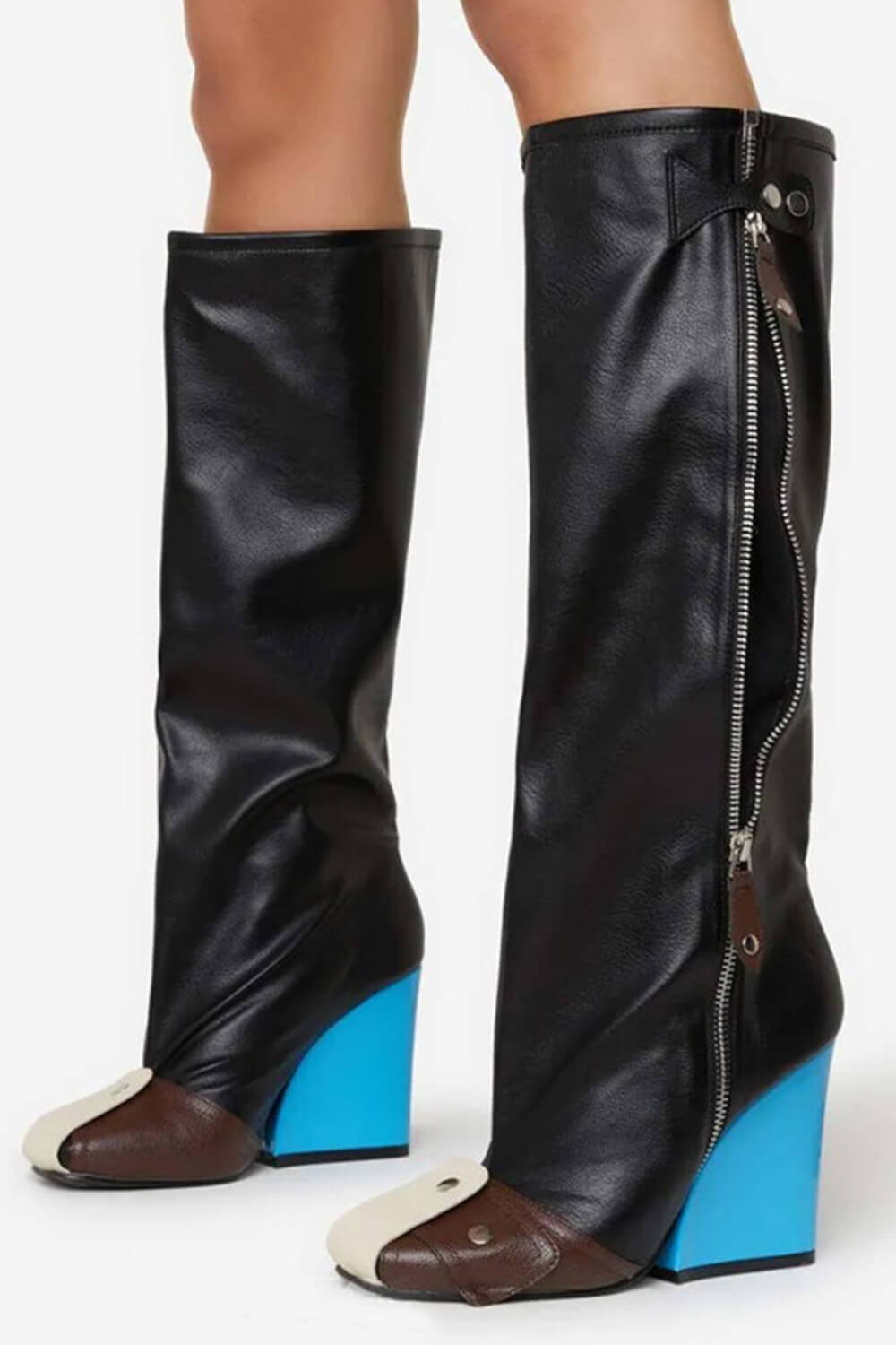 Buckle Detail Square Toe Blue Wedge Heel Knee High Long Boots