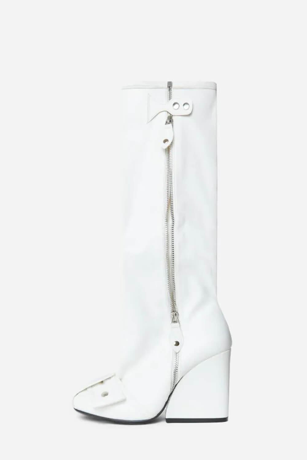 Buckle Detail Square Toe Blue Wedge Heel Knee High Long Boots - White