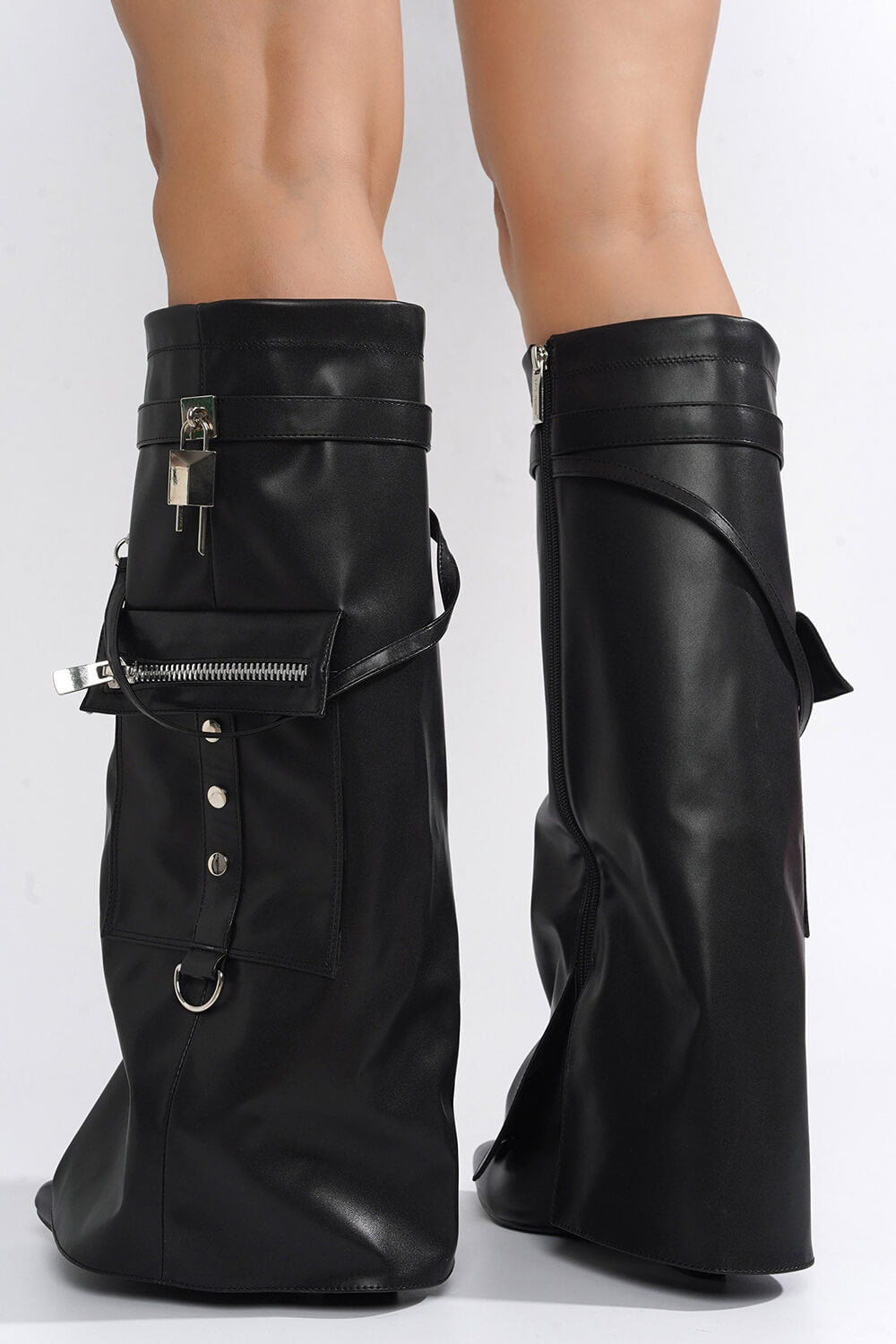 Padlock Pocket Detail Fold Over Pointed Toe Wedge Heel Knee High Long Boots - Black