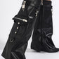Padlock Pocket Detail Fold Over Pointed Toe Wedge Heel Knee High Long Boots - Black
