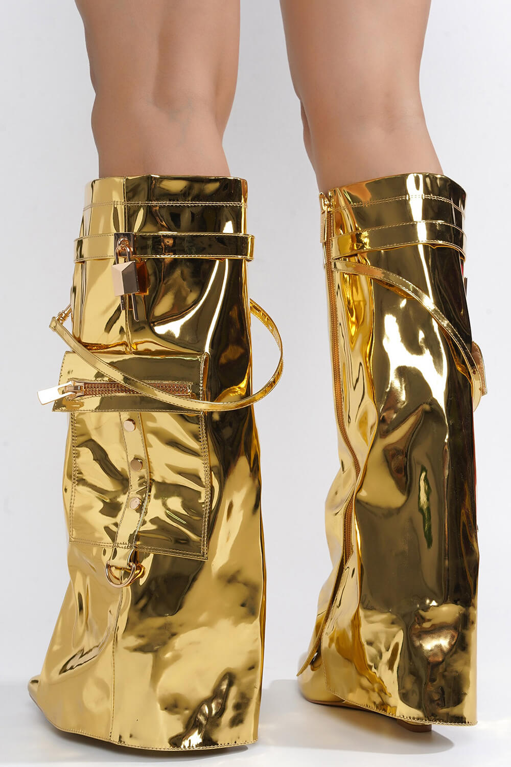 Padlock Pocket Detail Fold Over Pointed Toe Wedge Heel Knee High Long Boots - Gold
