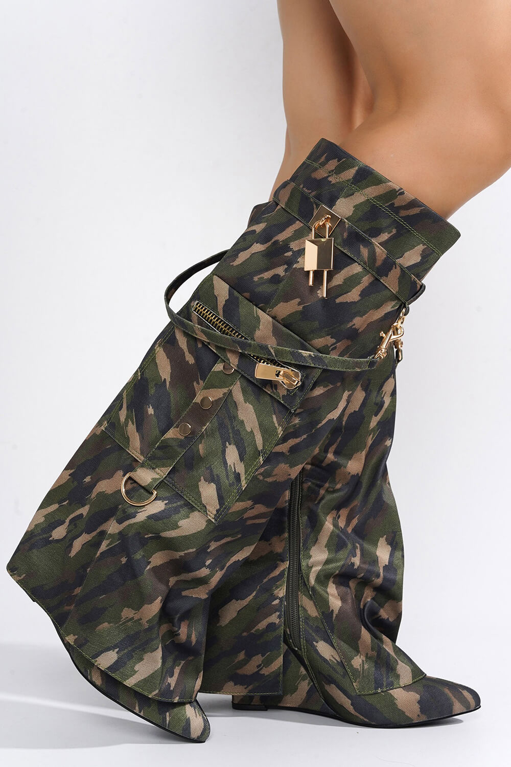 Padlock Pocket Detail Fold Over Pointed Toe Wedge Heel Knee High Long Boots - Camo
