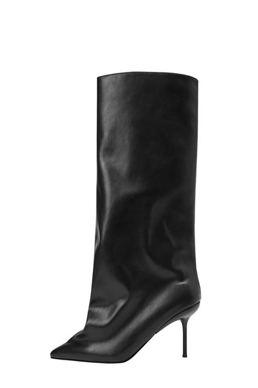 Black Faux Leather Sculptural Pointed Toe Stiletto Boots