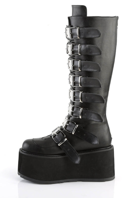 Multi Buckle Strap Knee High Chunky Platform Boots - Black