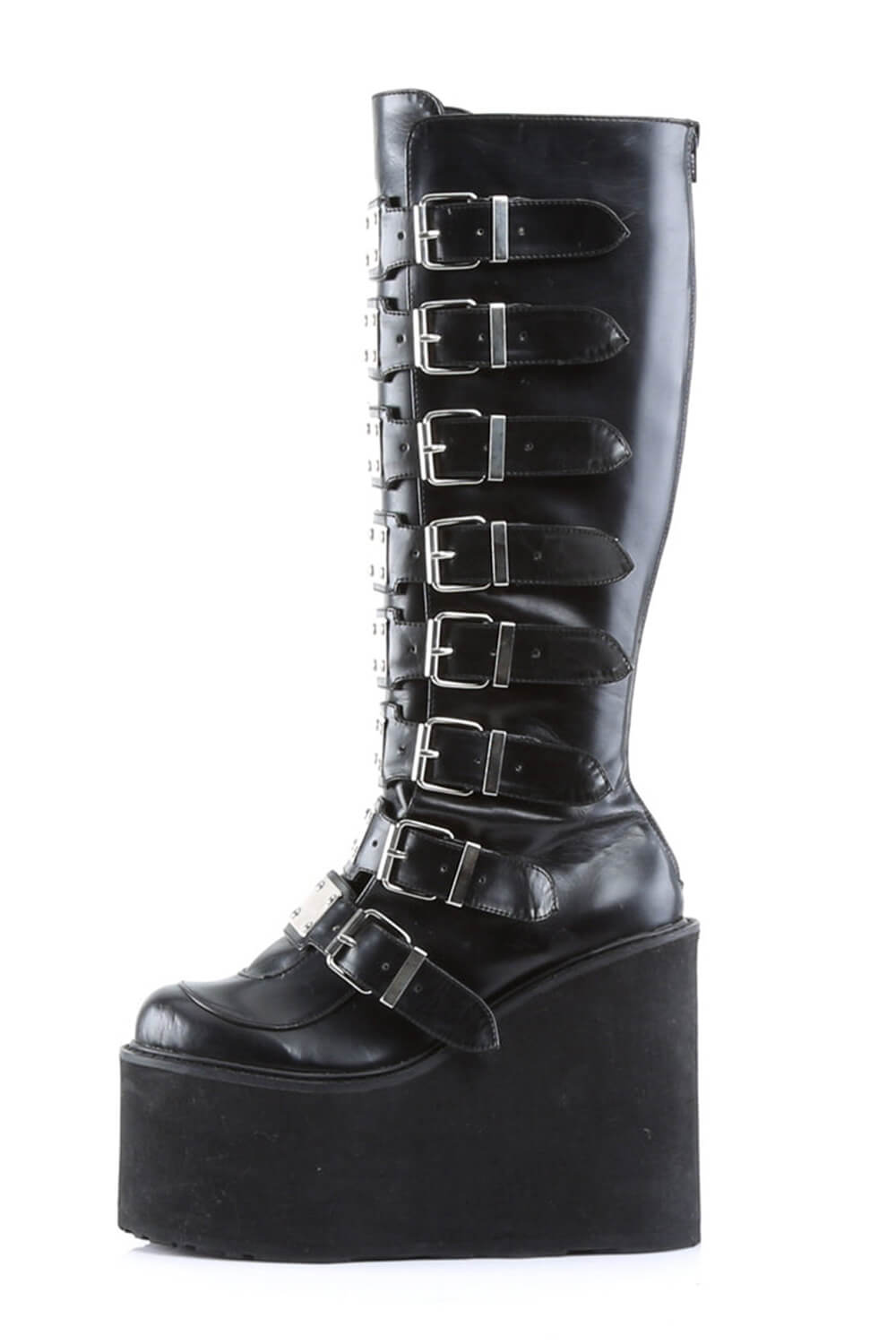 Multi Buckle Strap Knee High Chunky Wedge Platform Boots - Black