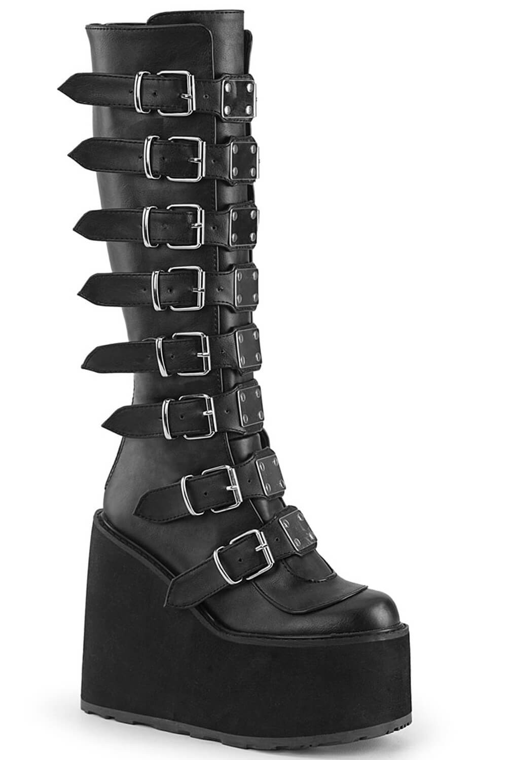 Multi Buckle Strap Knee High Chunky Wedge Platform Boots - Black