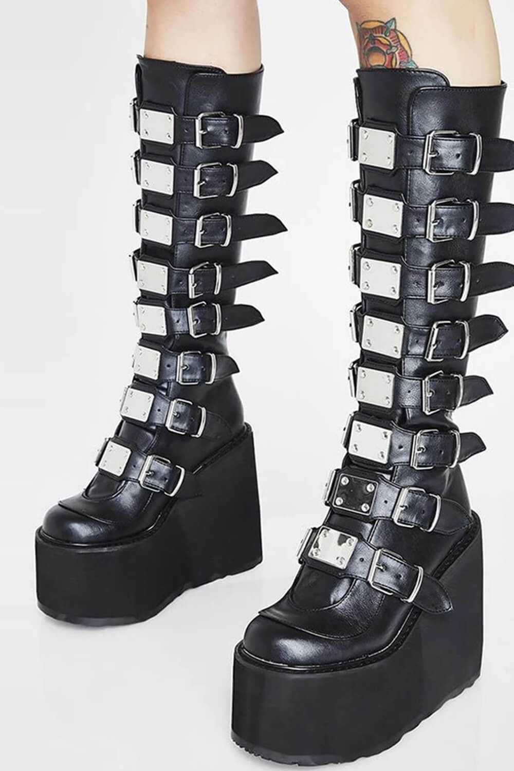 Multi Buckle Strap Knee High Chunky Wedge Platform Boots - Black