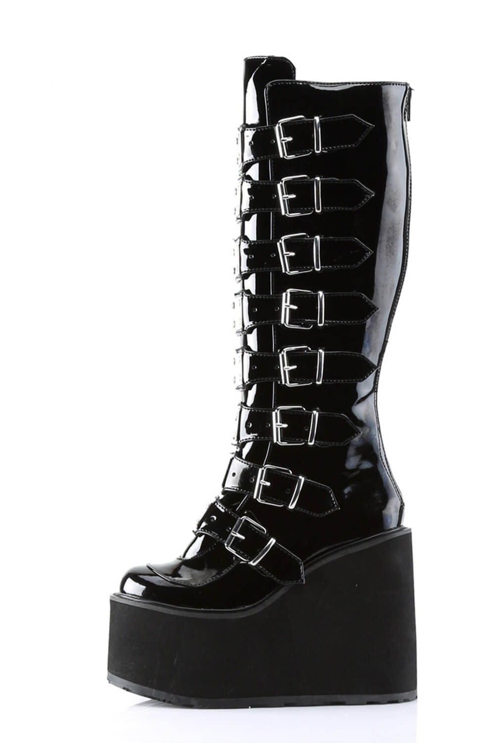 Multi Buckle Strap Knee High Chunky Wedge Platform Boots - Black Patent