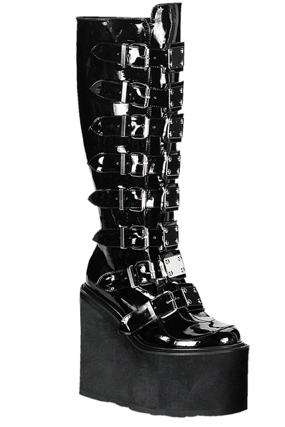 Multi Buckle Strap Knee High Chunky Wedge Platform Boots - Black Patent
