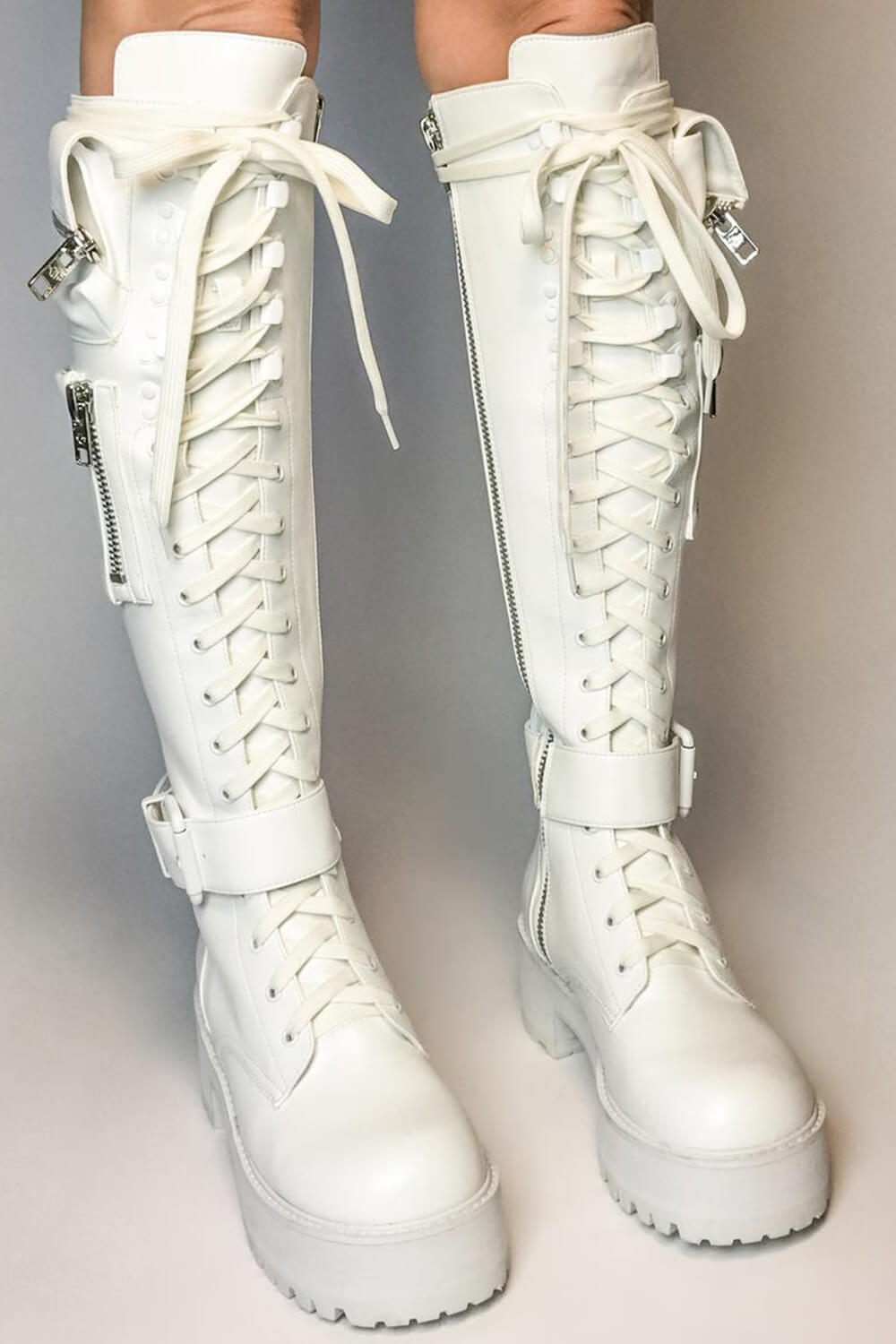Lace Up Pocket Detail Chunky Knee High Combat Boots - White