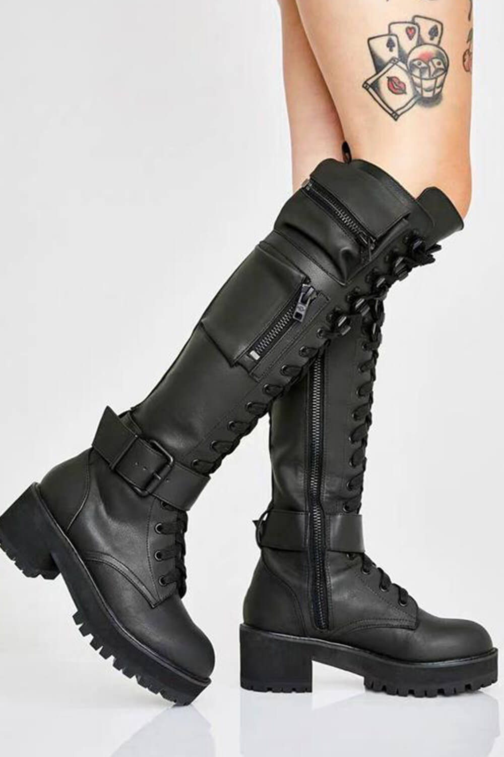 Lace Up Pocket Detail Chunky Knee High Combat Boots - Black