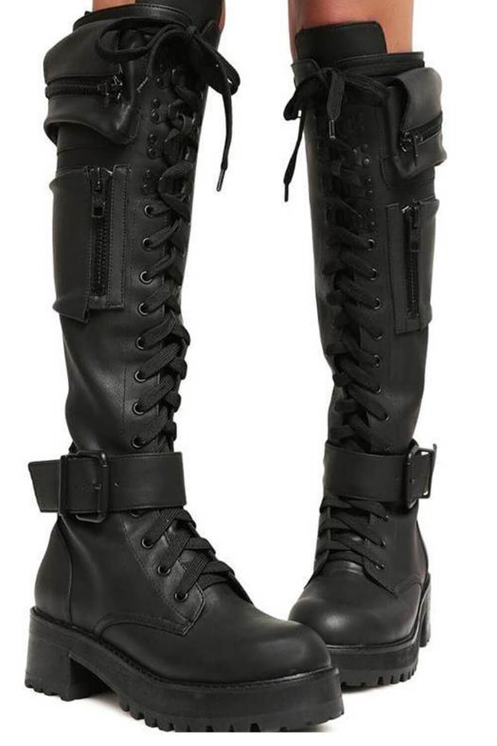 Lace Up Pocket Detail Chunky Knee High Combat Boots - Black