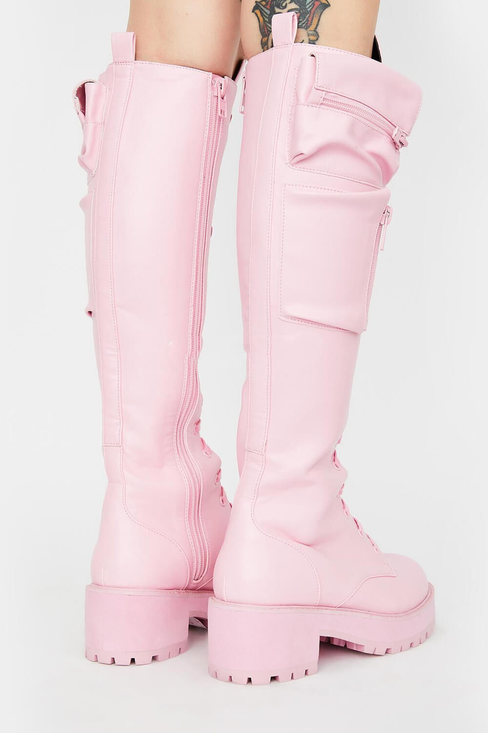 Lace Up Pocket Detail Chunky Knee High Combat Boots - Pink