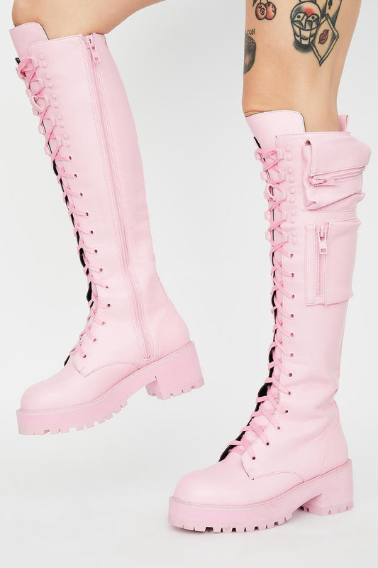 Lace Up Pocket Detail Chunky Knee High Combat Boots - Pink
