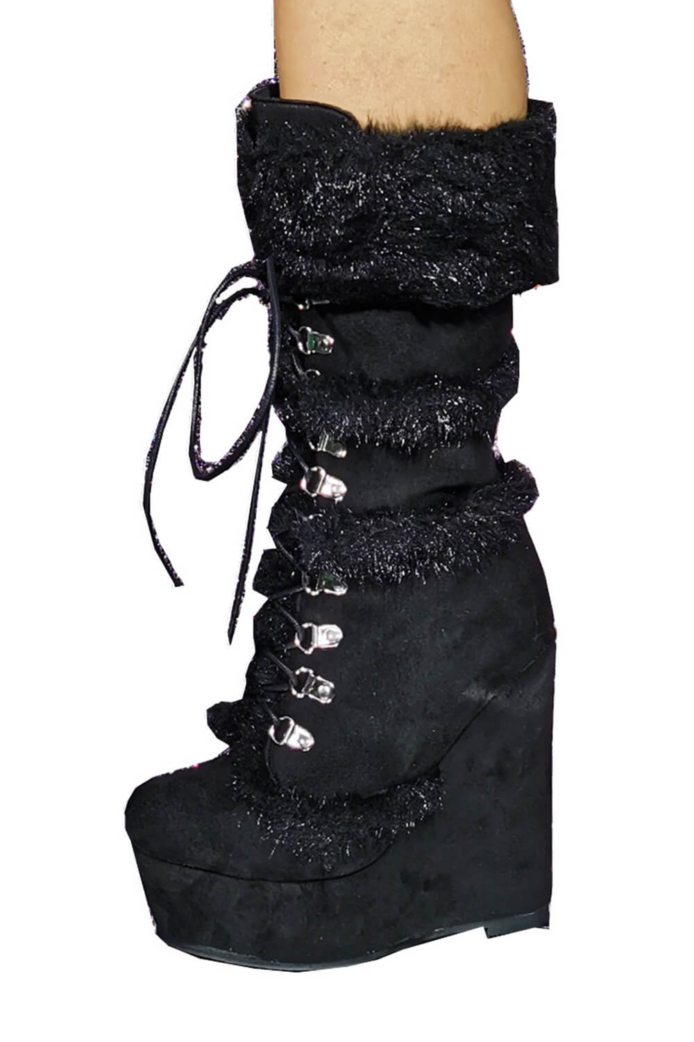 Black Faux Fur Lace Up Mid Calf Wedge Platform Boots