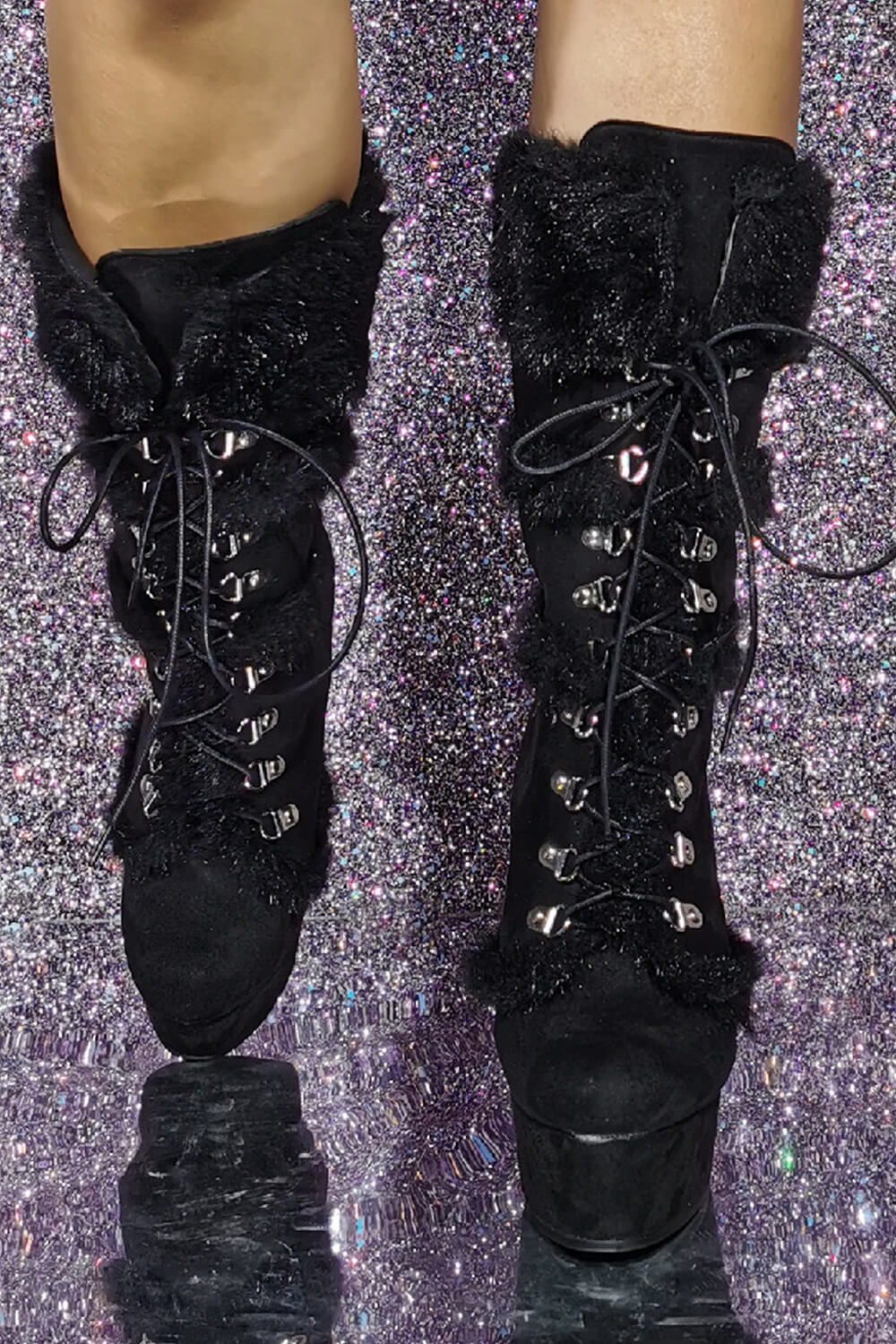 Black Faux Fur Lace Up Mid Calf Wedge Platform Boots